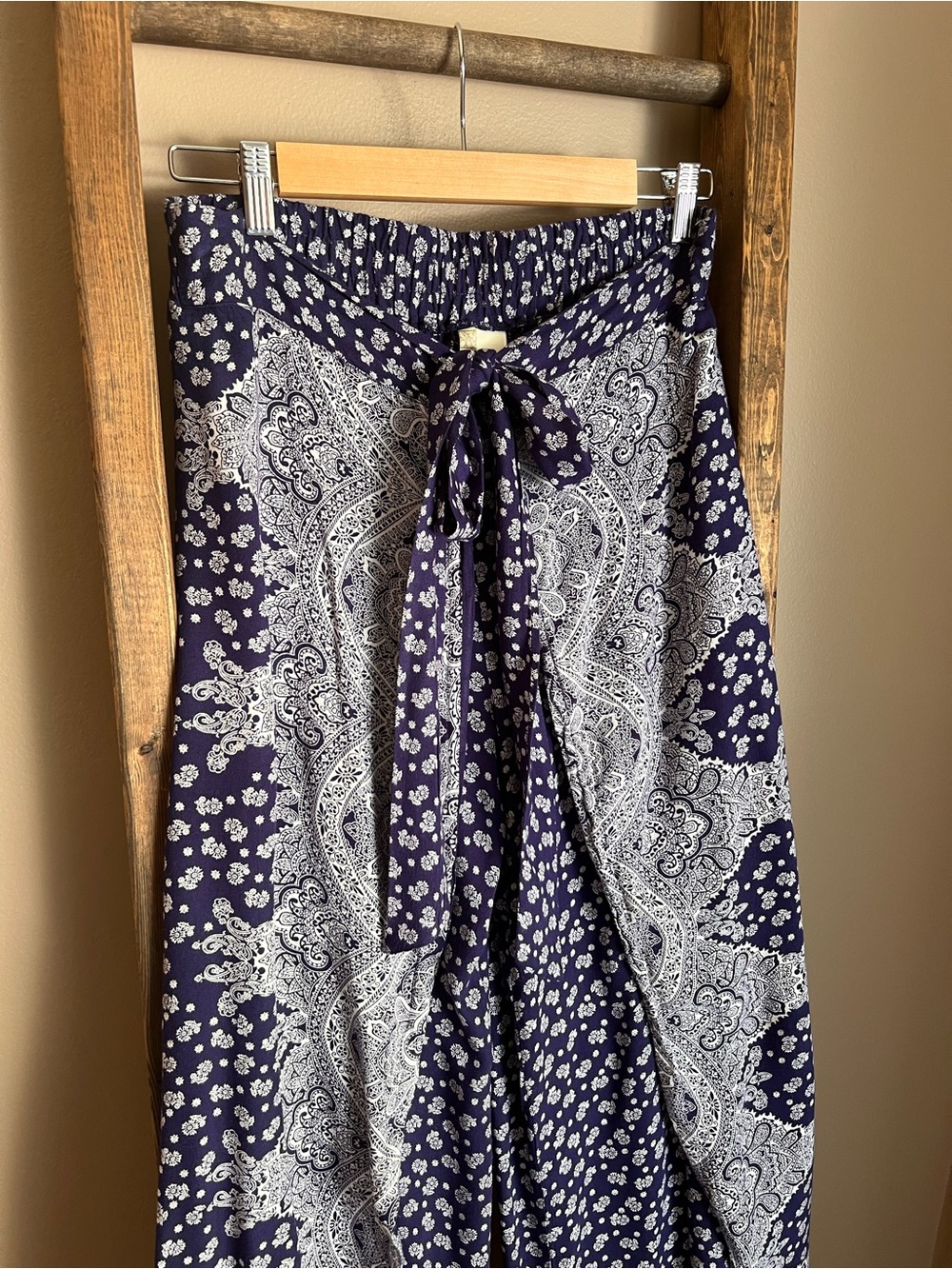 Navy Paisley Bandana Print Wide-Leg Wrap Pants - Picture 3 of 8